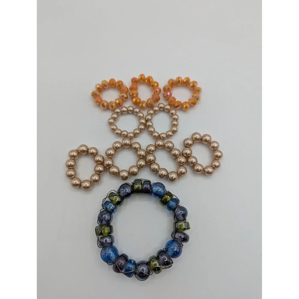 10pc Beaded Napkin Ring Set Faux Pearl Glass Amber Crystal Table Decor Assorted